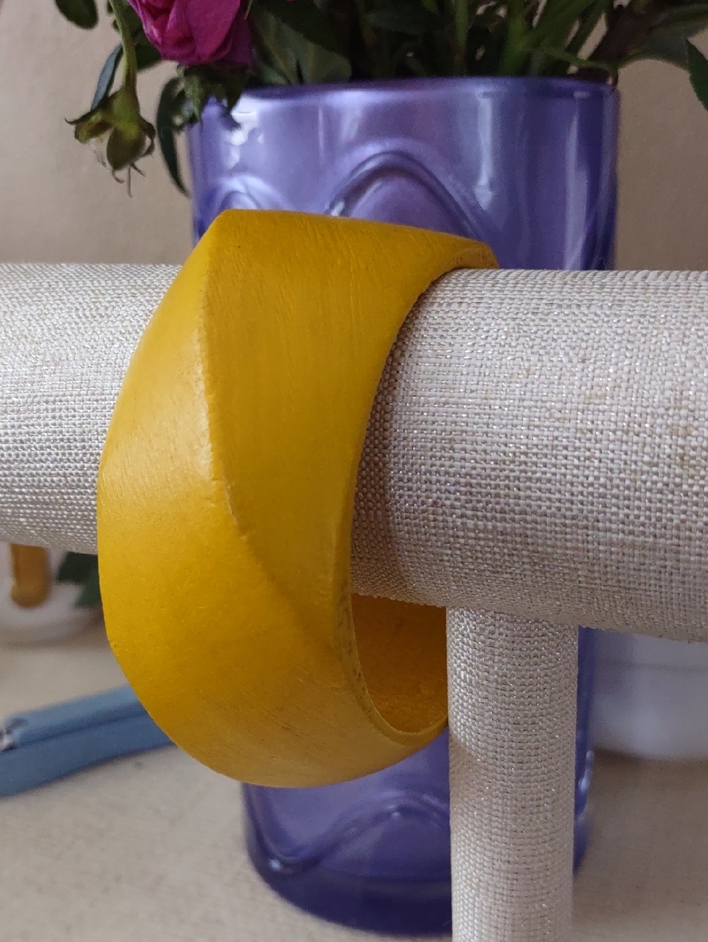 Vintage Yellow Wooden Bangle Bracelet - Women's Accessory
